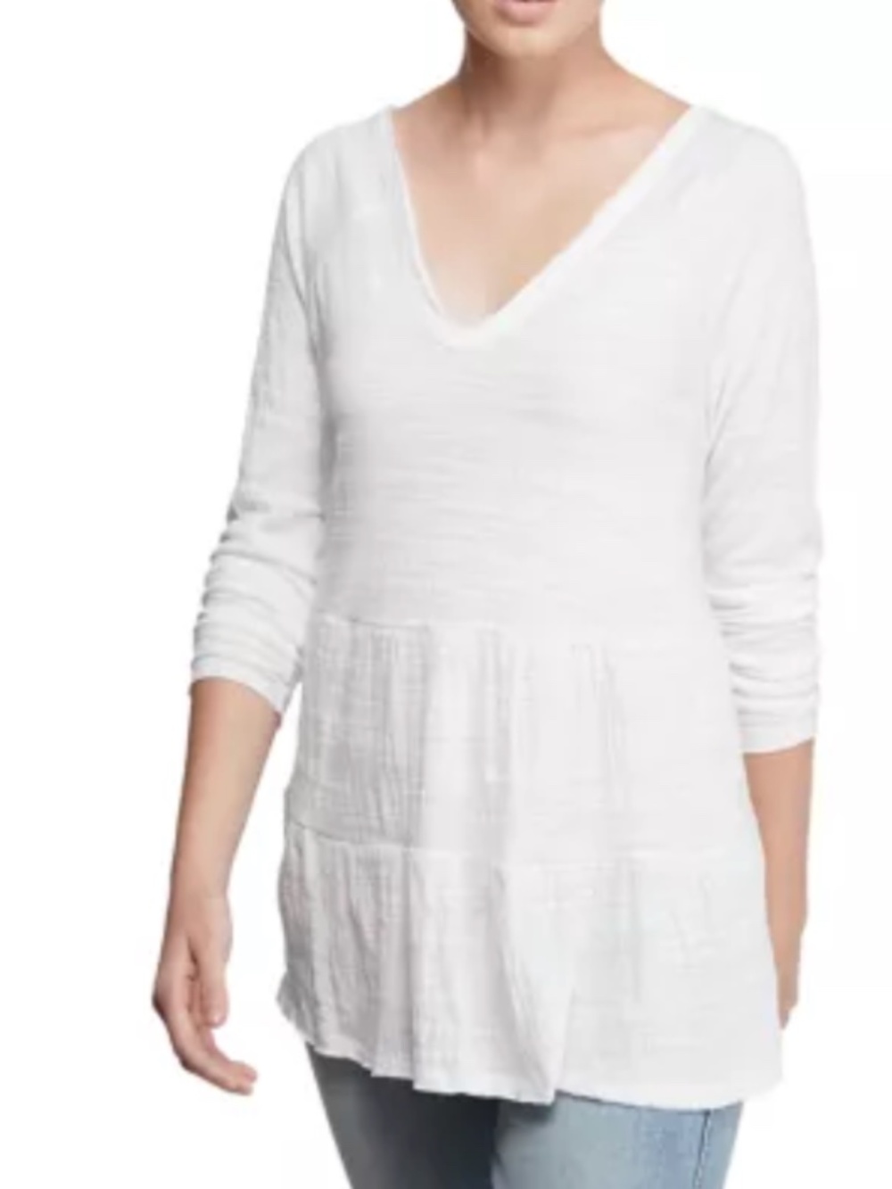 Wonderly White Long Sleeve V-Neck Tiered Tunic Blouse M